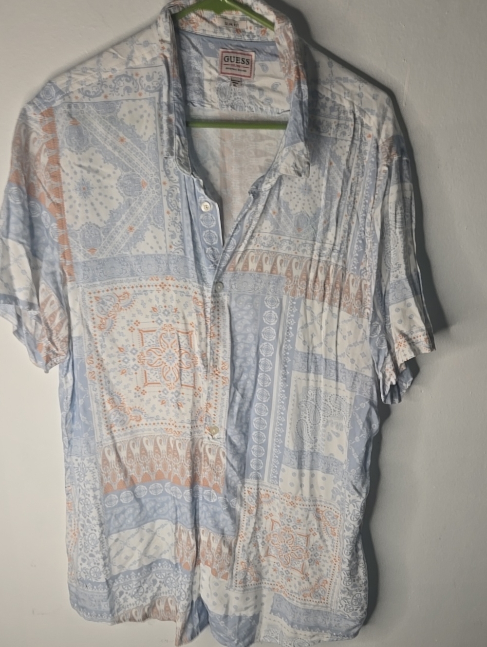 GUESS Men Short-Sleeve Patchwork Print Button-Up Top - Light Blue & Peach